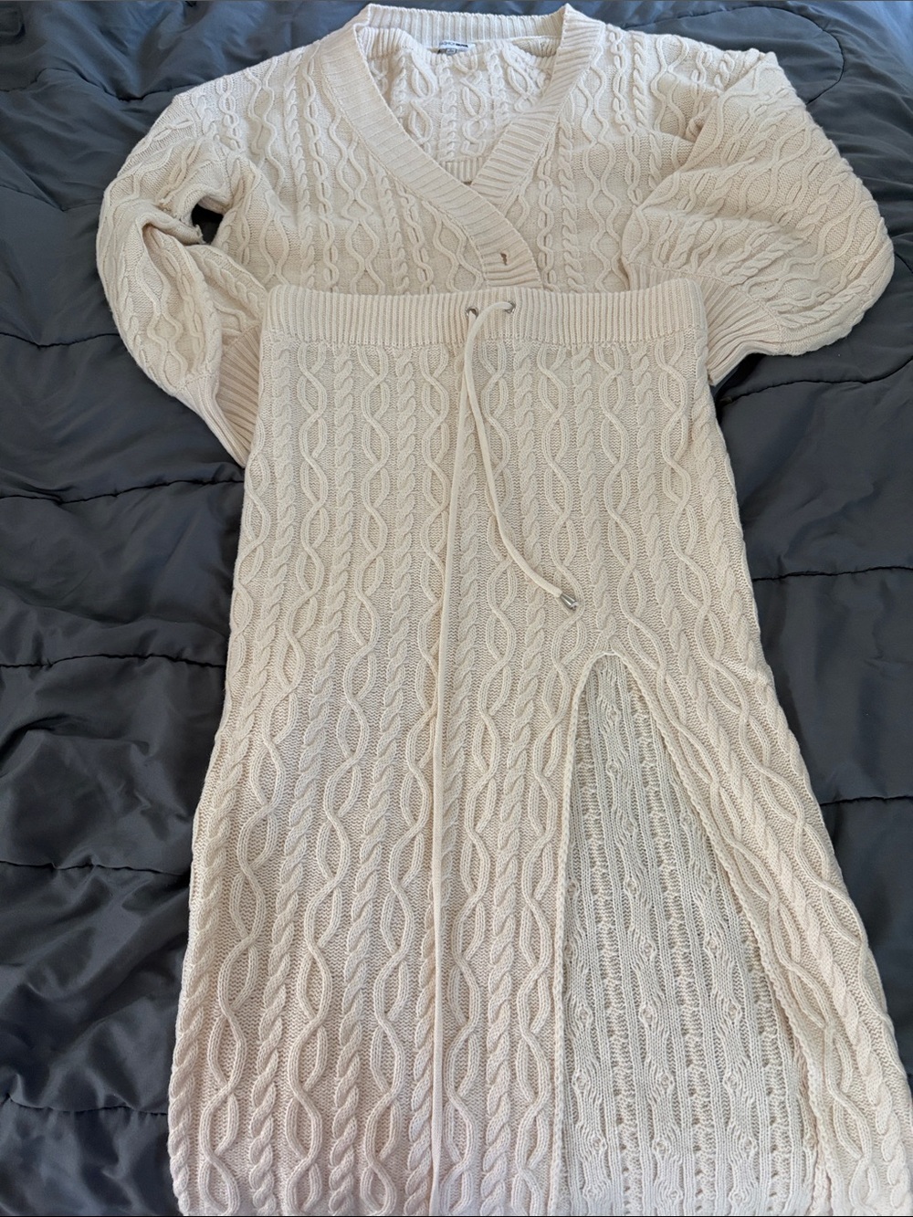 Fashion Nova Cream Cable Knit Sweater Cardigan Set
